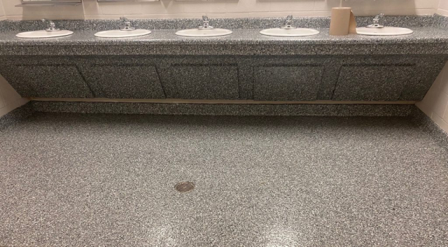 Epoxy floor coatings, decorative flake, epoxy floor, TeamIA, Industrial Applications Inc, Memphis TN, School restroom floor, Urethane concrete, Urethane cement, commercial bathroom floor, school floors