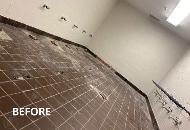 Epoxy floor coatings, decorative flake, epoxy floor, TeamIA, Industrial Applications Inc, Memphis TN, School restroom floor, Urethane concrete, Urethane cement, commercial bathroom floor, school floors