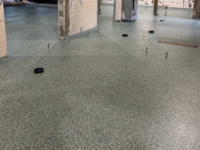 Industrial Applications, Inc. installed MMA flake flooring system to schools kitchens.&nbsp;