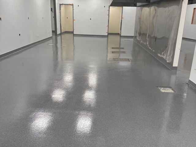 Industrial Applications, Inc. installed a seamless decorative quartz epoxy floor with a polyaspartic topcoat in a university dining hall commercial kitchen.