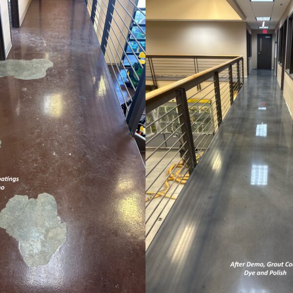 A multi-state equipment dealer reached out to Industrial Applications Inc to address existing concrete coated with a failing epoxy system. Our team removed nearly 9,000 square feet of deteriorated coating, then made structural and cosmetic repairs before dyeing and polishing the concrete to a medium-high gloss finish.