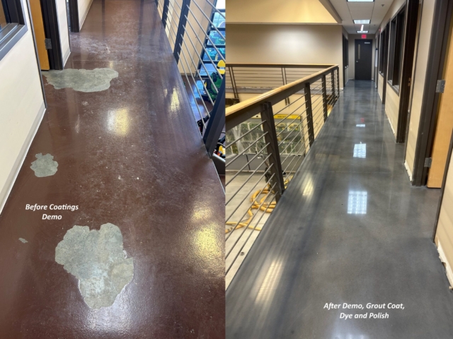 A multi-state equipment dealer reached out to Industrial Applications Inc to address existing concrete coated with a failing epoxy system. Our team removed nearly 9,000 square feet of deteriorated coating, then made structural and cosmetic repairs before dyeing and polishing the concrete to a medium-high gloss finish.