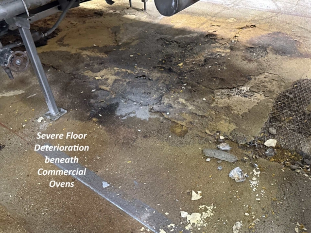 The project involved repairing severe floor deterioration beneath commercial ovens caused by prolonged exposure to boiling oil. Our crews removed the damaged flooring, rebuilt the area using high-performance urethane concrete, and installed crowned and properly pitched surfaces to direct water efficiently to the new drainage system.